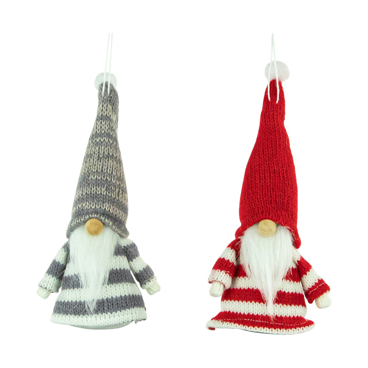 Northlight Set of 2 Red and Gray Striped Gnome Plush Christmas Ornaments 6.25&#x22;
